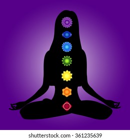 Chakra icon. Silhouette of woman with 7 symbols of chakra. chacra vector set