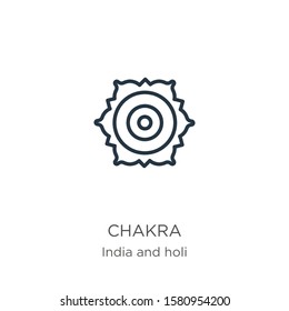 Chakra icon. Thin linear chakra outline icon isolated on white background from india and holi collection. Line vector sign, symbol for web and mobile