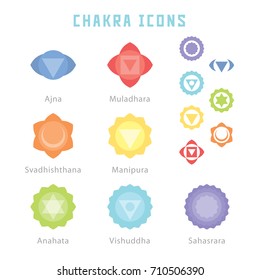Chakra icons in flat style for your spirituality projects or yoga publications.