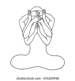 chakra lotus pose yoga, close eye ear mouth and open mind, vector drawing hand drawn design illustration