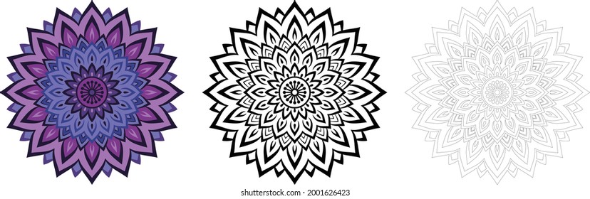 Chakra mandala circular pattern in solid and outline form. Spike pattern for coloring books, decoration, ornament, tattoo, home decor, tapestries. Blue chakra zen pattern for tapestry home decoration.