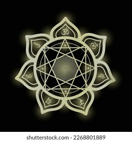 Chakra mandala with golden lines and sanskrit symbols. Flower of life with seven chakras. Sacred geometry vector illustration for yoga healing meditation.