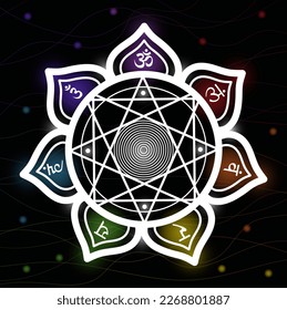 Chakra mandala with sanskrit symbols. Flower of life with seven chakras on black background. Sacred geometry vector illustration for yoga healing meditation.