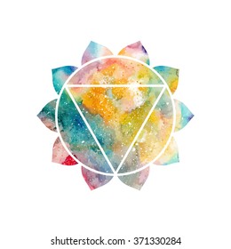 Chakra Manipura icon, ayurvedic symbol, concept of Hinduism, Buddhism. Watercolor cosmic texture. Vector isolated on white background