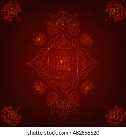 Chakra Muladhara on a Dark Red Background for Your Design. Vector illustration. Outline Mandala Decorative round ornament, Yoga Oriental symbol