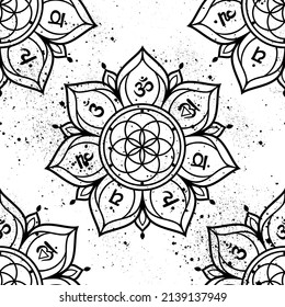 Chakra pattern Flower of life mandala with chakras. Sacred geometry Vector illustration For logo yoga healing meditation.
