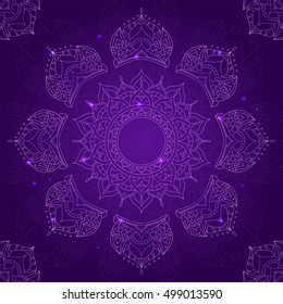 Chakra Sahasrara on Dark Violet Background. Vector illustration of Oriental, Buddhism, Hinduism, Arabic and Indian of one from 7 Chakras Mandalas collection. Associated with Yoga and meditation