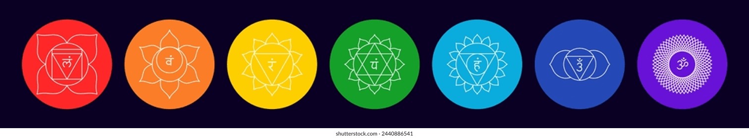 Chakra set, line art symbols. Meditation, spirituality, energy, healing vector illustration icon set