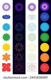Chakra set, line art symbols. Meditation, spirituality, energy, healing vector illustration icon set