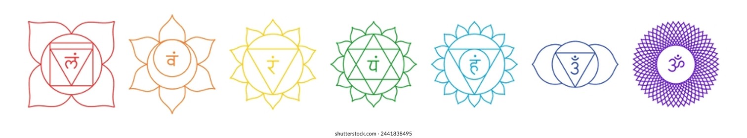 Chakra-Set, Line Art Symbole. Meditation, Spiritualität, Energie, Heilung Vektor Illustration Icon Set