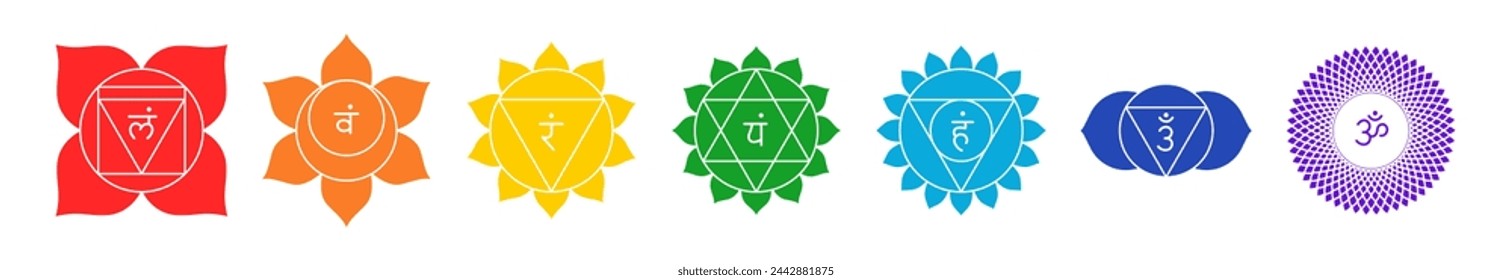 Chakra set, line art symbols. Meditation, spirituality, energy, healing vector illustration icon set