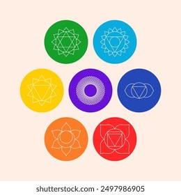 Chakra set, line art symbols. Meditation, spirituality, energy, healing vector illustration colorful icon set