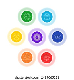 Chakra set, line art symbols. Meditation, spirituality, energy, healing vector illustration icon set on white background