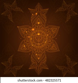 Chakra Svadhisthana on a Dark Brown Background for Your Design. Vector illustration. Outline Mandala Decorative round ornament, Yoga Oriental symbol