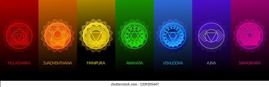 Chakra symbols set on dark background. Different styles, modern simple geometric icons and traditional sanskrit signs. Vector illustration.