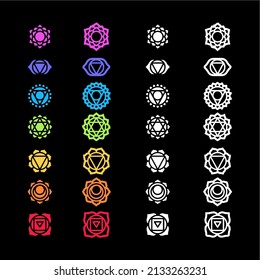 chakra symbols set on dark background, different styles, modern, simple geometric icons