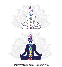 Chakra system, asana padmasana - ilustración editable vectorial.