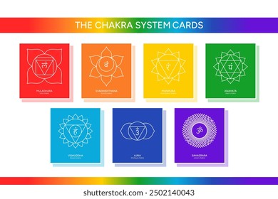 El sistema de chakras colección de tarjetas, símbolos de arte de línea. Meditación, espiritualidad, energía, conjunto de iconos de Ilustración vectorial curativa