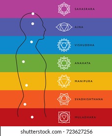 Chakra system of human body chart. Seven chakra symbols. Location information of each chakra. Chakra centers