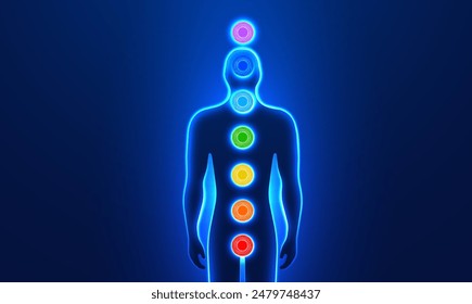 Chakra system of human body digital futuristic style. Banner concept for Alternative medicine, Ayurveda, Buddhism and Hinduism. Vector illustration human energy centers