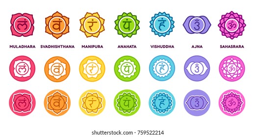 Chakra system icon set in different styles. The seven chakras on colored circles with sanskrit symbols, simple and modern flat vector pictograms.