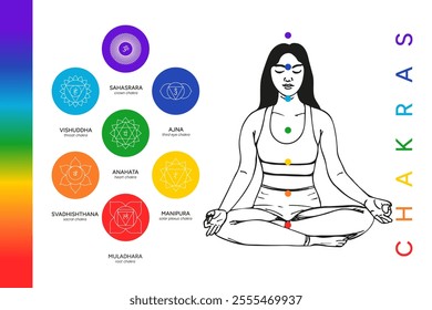 Chakra system infographic, names, titles, symbols, icons. Silhouette of a female human body in a lotus position. Chakra system information illustration