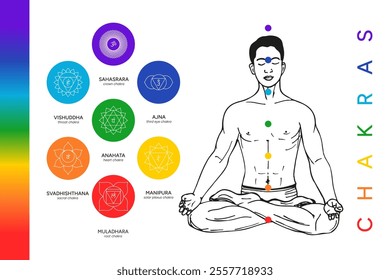 Chakra system infographic, names, titles, symbols, icons. Silhouette of a male human body in a lotus position. Chakra system information illustration