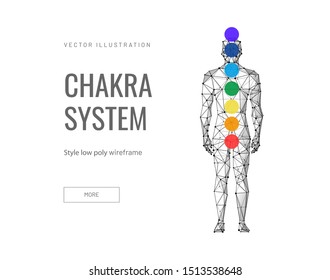 Chakra system low poly landing page template. Human body energy center points polygonal illustration. Alternative medicine web banner. Hinduism spiritual practices art homepage design layout