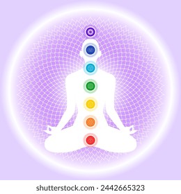 Chakra system on silhouette of human body sitting in lotus position. Charkas informational illustration