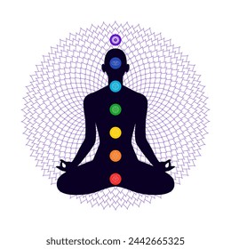 Chakra system on silhouette of human body sitting in lotus position. Charkas informational illustration