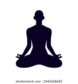 Chakra system on silhouette of human body sitting in lotus position. Charkas informational illustration