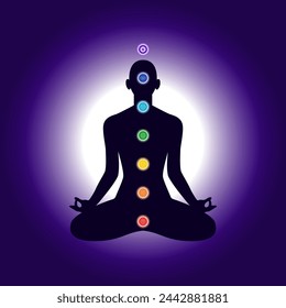 Chakra system on silhouette of human body sitting in lotus position. Charkas informational illustration