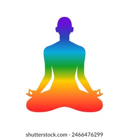 Chakra system in raibow colors on silhouette of human body sitting in lotus position, illustration