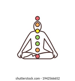 Chakra system RGB color icon. Energy centers in human body. Chakras functioning along spine. Energy channels connection network. Spiritual nervous system. Mental health. Isolated vector illustration