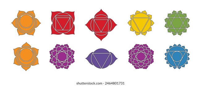 Chakra vector symbols signs, mystical esoteric, yoga and meditation. Buddhism, Hinduism. Set of seven colored Chakras meaning seven meditation wheel used in variety of ancient spiritual practices.