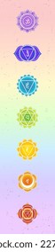 Chakra vertical vector illustration on pastel rainbow background. Vertical orientation for wall decor and meditation.