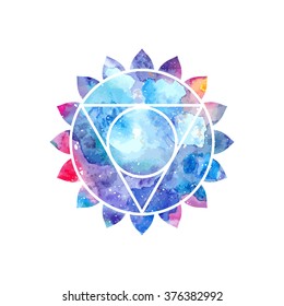 Chakra Vishuddha icon, ayurvedic symbol, concept of Hinduism, Buddhism. Watercolor cosmic texture. Vector isolated on white background