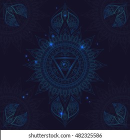 Chakra Vishuddha on a Dark Blue Background for Your Design. Vector illustration. Outline Chakra Mandala Decorative round ornament, Yoga Oriental symbol part of 7 chakras collection