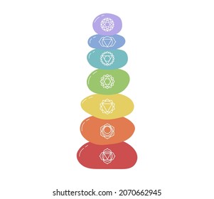 Chakras. Balance of stones. Muladhara, swadhisthana, manipura, anahata, vishuddha, ajna, sahasrara. Vector line symbol. Sacral icon