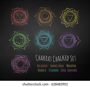 Chakras color chalk drawn vector set on black chalkboard background.