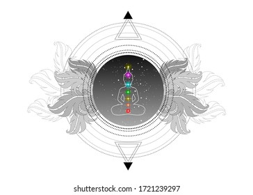 Chakras concept. Inner love, light and peace. Buddha silhouette in lotus position over ornate mandala lotus flower. Sacred Geometry. Vector isolated. Buddhism esoteric motifs. Tattoo, spiritual yoga