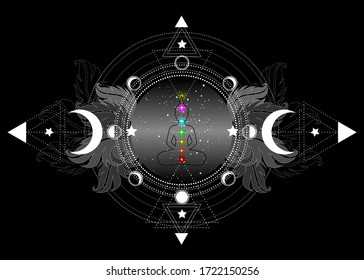 Chakras concept. Inner love, light and peace. Buddha silhouette in lotus position over ornate mandala lotus flower and Moon phases Sacred Geometry, spiritual yoga. Vector isolated on black background 