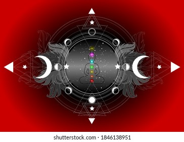 Chakras concept. Inner love, light and peace. Buddha silhouette in lotus position over ornate mandala lotus flower and Moon phases Sacred Geometry, spiritual yoga. Vector isolated on red background 