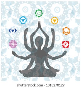Chakras concept. Silhouette in lotus position over ornate mandala. Vector illustration