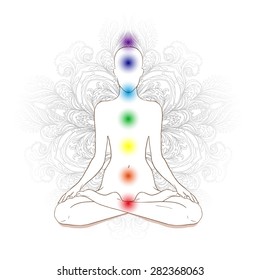 Chakras concept. Silhouette in lotus position over gray ornate mandala. Vector illustration. 