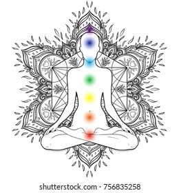 Chakras concept. Silhouette in lotus position over decorative mandala round pattern with sacred geometry element Metatron Cube, powerful symbol, Flower of Life. Alchemy, philosophy, spirituality.