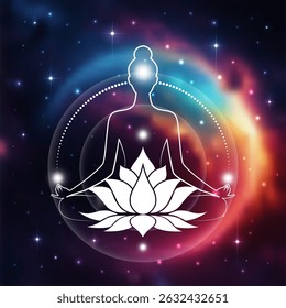Conceito Chakras, mulher sentada em posição de lótus e meditando. Flor de lótus sagrado, design de logotipo, símbolo de ioga, spa, salão de beleza, cosméticos, relaxar. Planeta místico sobre fundo estrelado de galáxia