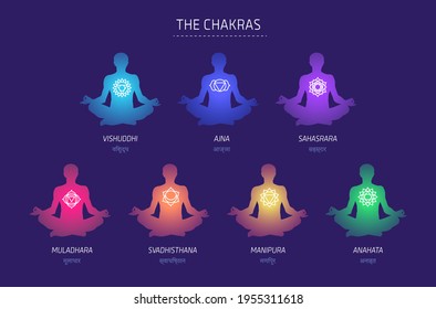 Chakras energy lotus pose human vector set
