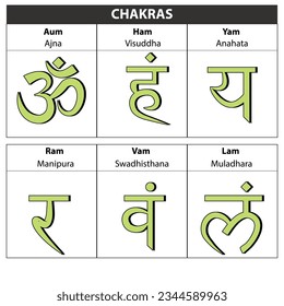 Chakras. Hindi Solid character illustration of Hinduism and Buddhism. Color yoga chakra icons isolated on white. For design, associated with yoga. 