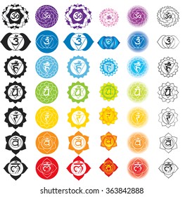 Chakras icons . Concept of chakras used in Hinduism, Buddhism and Ayurveda. For design, associated with yoga and India. Vector Sahasrara, Ajna, Vissudha, Anahata, Manipura, Svadhisthana, Muladhara